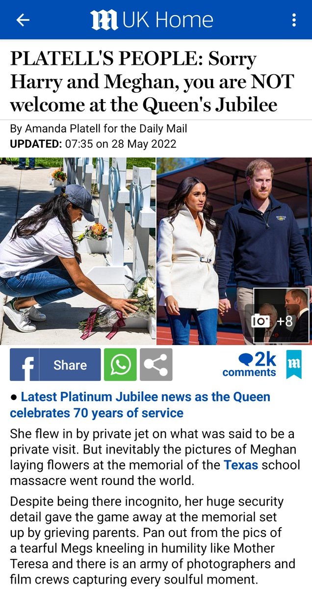 DMReporter's tweet photo. AMANDA PLATELL: Meghan visiting the Texas shooting memorial is a clear sign she's planning to upstage the Queen during the Jubilee. Why can't she be more like Angel Kate? https://t.co/yX7Pjftgi6