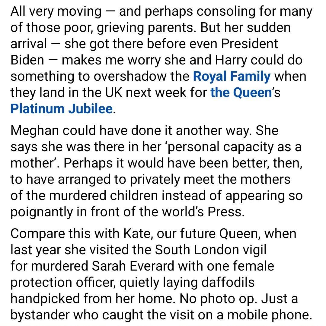 DMReporter's tweet photo. AMANDA PLATELL: Meghan visiting the Texas shooting memorial is a clear sign she's planning to upstage the Queen during the Jubilee. Why can't she be more like Angel Kate? https://t.co/yX7Pjftgi6