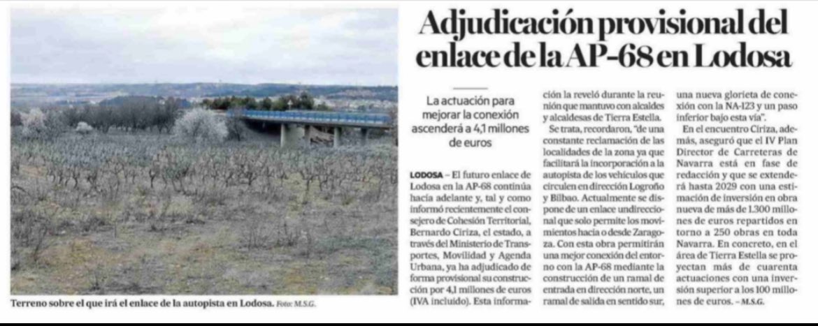komaur's tweet photo. El Ministerio Transportes licita enlace #Lodosa con AP-68. Cumple así acuerdo con @geroabai para #PGE. Seguimos avanzando en: #CentroIndustrializaciónEdificación, #inundacionesAtarrabia, Vía Verde #TrenIrati, iluminación #CastilloOlite, #FronterasHormigón @NoticiasNavarra https://t.co/xAyODMxamM