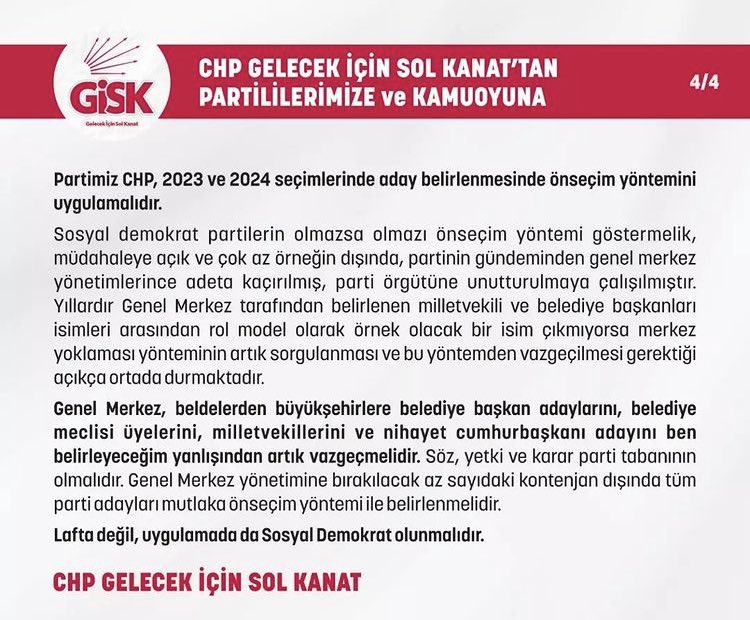 Partililerimize ve Kamuoyuna;
Kongre Süreci Başlatılmalı, Kurultay Toplanmalı, Önseçim Uygulanmalıdır!
#CHP #GİSK #GelecekİçinSolKanat