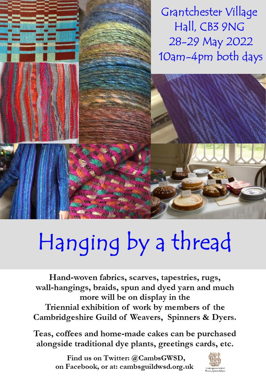 Interested in fibre arts? Our exhibition opens at 10am at Grantchester Village Hall near Cambridge! Free entry to the exhibition featuring spinning, weaving &amp; dyeing. Demonstrations through the day. Closes 4pm but also open Sunday. Dye plants also for sale @guildswsd