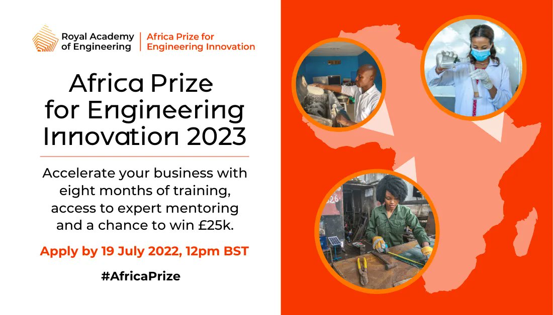 Are you an African entrepreneur with a engineering-based business you want to develop further? The #AfricaPrize for Engineering Innovation is here to help, with eight months of business training, a chance to win £25k and more. Apply now before 19 July: raeng.org.uk/global/sustain…