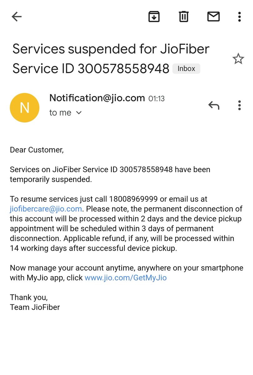 perfectatdat's tweet photo. @JioCare I received an account suspension message at 1:13am stating I had 2 days time before it gets permanently suspended but the uninstallation was initiated the same day at 7:14am. Customer care says it can't stop the uninstallation. Why in a hurry when I am ready to continue? https://t.co/kcgKKV4OnS