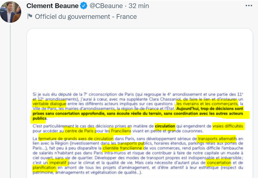 #AnneHidalgo s'en prenait au Préfet de Police ❓ C'est maintenant directement le ministre #ClémentBeaune qui rétorque à la maire de Paris qu'elle agit sans concertation, sans écoute du terrain, sans coordination, sans planification ⤵️ #saccageparis