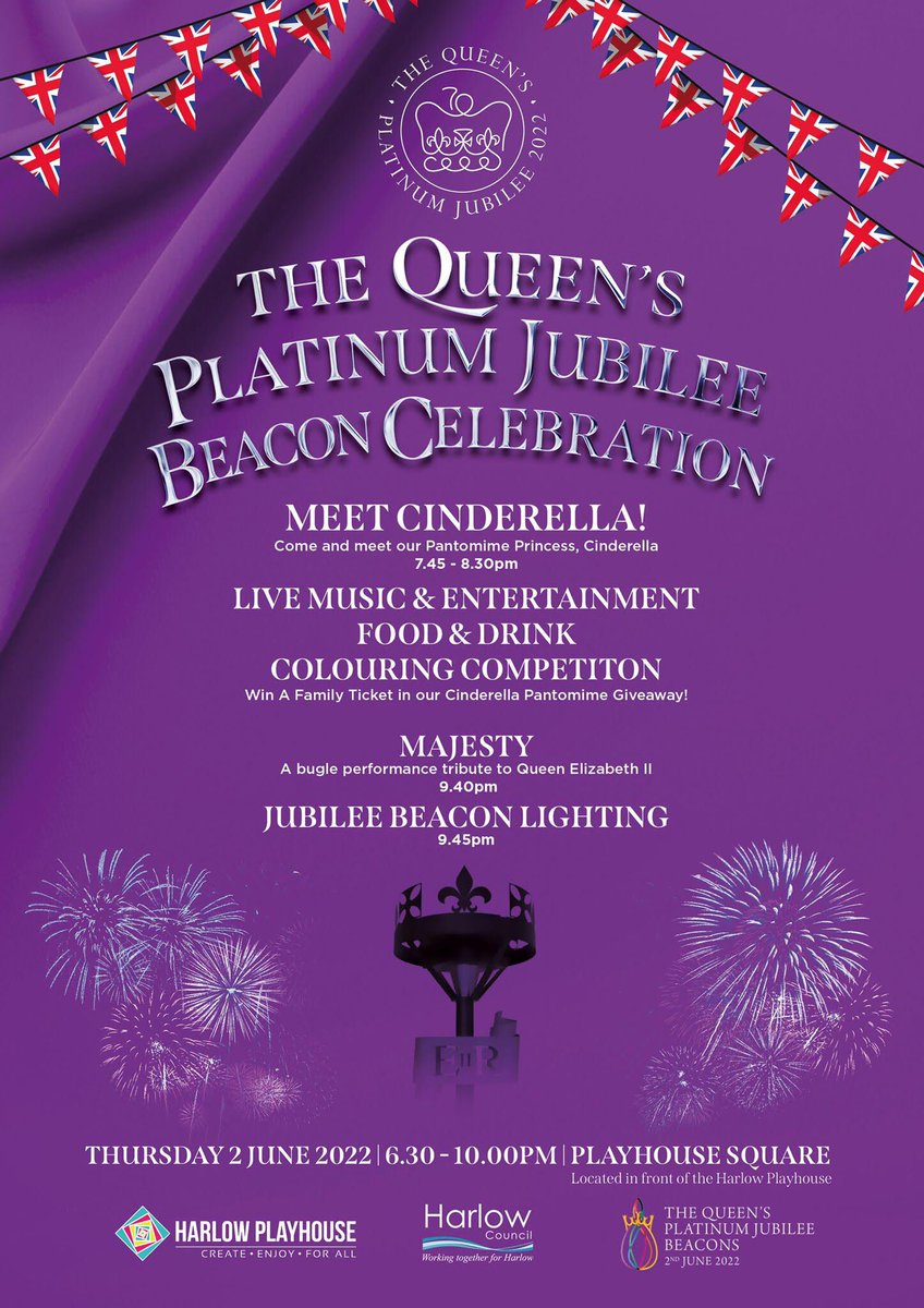 🇬🇧 The Queen’s Platinum Jubilee Beacon celebration 🎉 

🗓 Thursday 2 June 2022
⏰ 6.30pm to 10pm 
📍 Playhouse Square (outside front of Harlow Playhouse) 
🎶 Live music and entertainment 
🔥 Beacon lighting at 9.45pm 

Full details in the below poster ⬇️

#PlatinumJubilee
