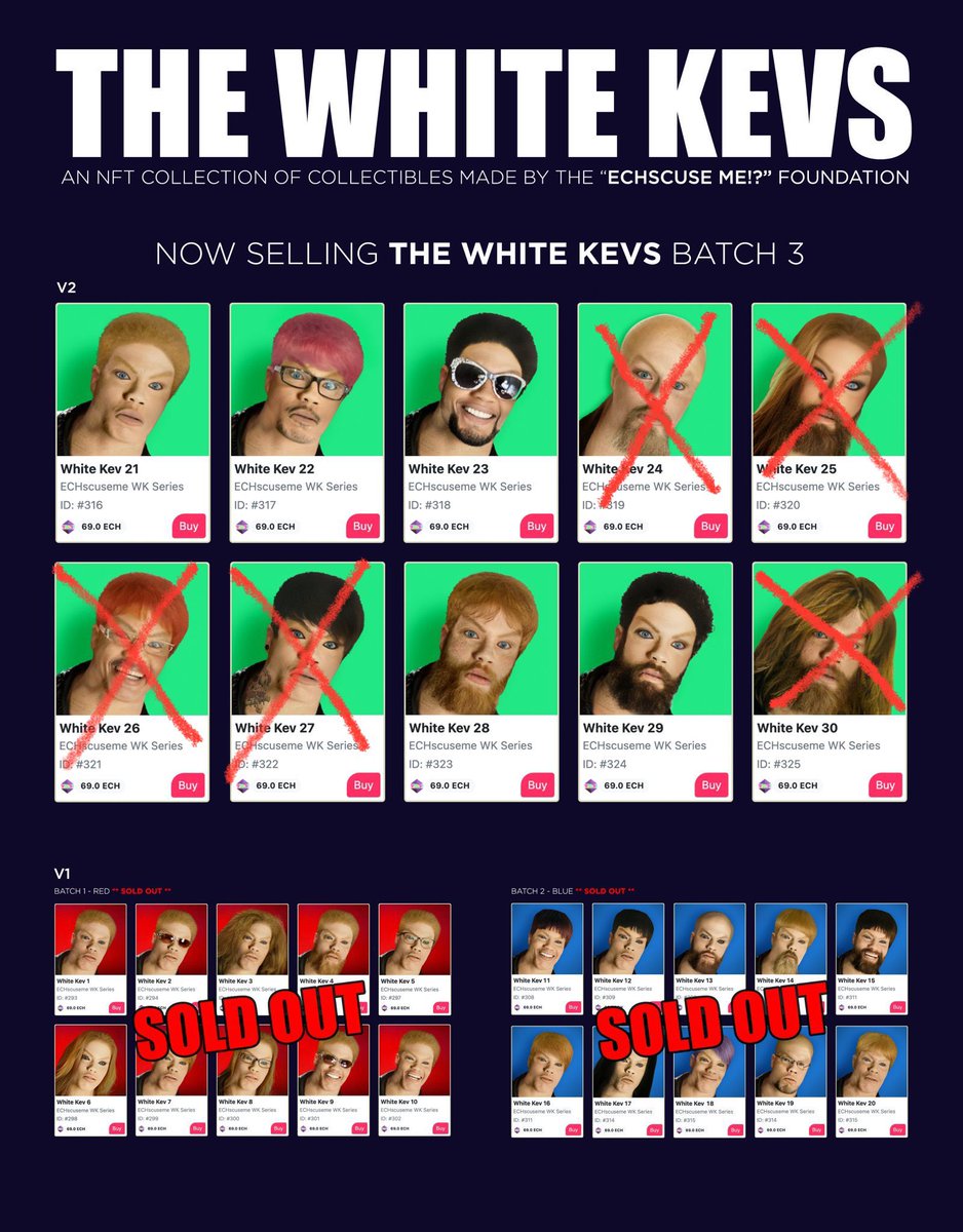 thewhitekevs's tweet photo. Only 5 White Kevs left for 69 ECH, including the standard V2 White Kev, the Kravitz White Kev and the gay Leonidas White Kev! Get them at: 

https://t.co/yJPULeyKH0

#echelon #thewhitekevs #kevinhart #blackmidget #nfts #nft #collectibles #echinox https://t.co/i85nfJvEpM
