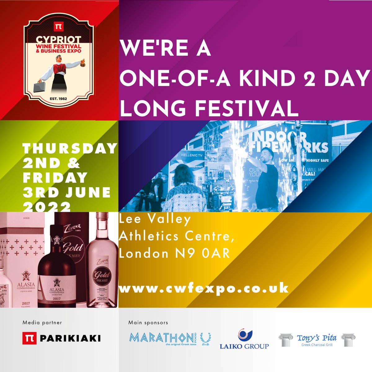 🇨🇾 Experience and explore the taste of Cypriot traditions 🇨🇾 
Enjoy unlimited FREE #Cypriot wine 
Taste Cypriot cuisine 
 Kids Zone 
Live Entertainment
 Grand Finale Concert  
 2 fun filled days… for all generations! 

DON'T MISS OUT!   cwfexpo.co.uk