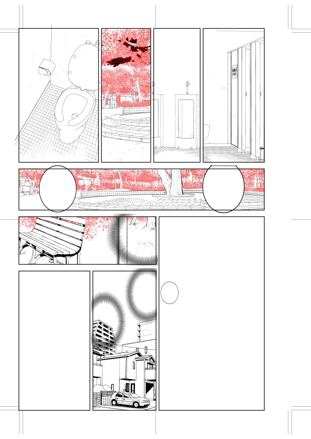 もうそろそろ発売のペンギンクラブの原稿もそうですが、今やってる原稿も背景倉庫さんの背景のお世話になってます。赤いところは加筆部分。背景倉庫さんのところは昔のデリーターさんのところででてた背景に似てて馴染みがいいです。もちろん自前の3D素材やコミスタの3D素材も使ってます。 