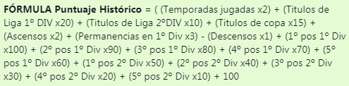 VeigaVirtual's tweet photo. FÓRMULA Puntuaje Histórico = ( (Temporadas jugadas x2) + (Titulos de Liga 1º DIV x20) + (Titulos de Liga 2ºDIV x10) + (Titulos de copa x15) + (Ascensos x2) + (Permanencias en 1º Div x3) - (Descensos x1) + (1º pos 1º Div x100) + (2º pos 1º Div x90) + (3º pos 1º Div x80) + ..... https://t.co/UQymieTtYY