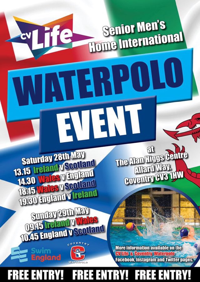 ENGWaterPolo's tweet image. This weekend’s Home Nations Mens Tournament in Coventry starts at 1:15pm with IRE v SCO followed by WAL v ENG at 2:30pm. 

For all the match results throughout the event go here &amp;gt; waterpoloengland.org/events/senior-…