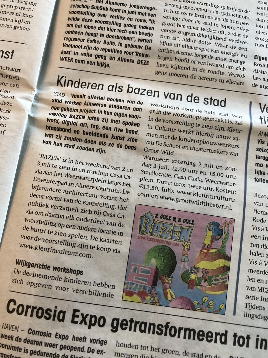 Heb je ons al gespot in de <a href="/AlmereDEZEWEEK/">Almere DEZE WEEK</a>  van afgelopen week? Op 2 en 3 juli zal de wandelvoorstelling #BAZEN plaatsvinden waarin #Almeerse kinderen laten zien wat zij zouden doen als ze de baas zouden zijn van hún stad! Tickets via bit.ly/3wVcbF2