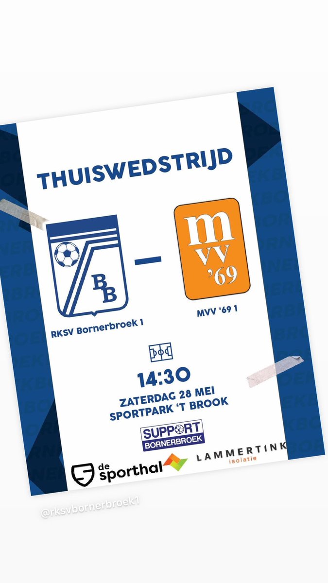 Laatste thuiswedstrijd van het seizoen. Zo goed als uitgespeeld of het moet heel raar lopen bovenin voor de 3de periode. 

⚽️ <a href="/RKSVBornerbroek/">RKSV Bornerbroek</a> - <a href="/MVV69/">MVV '69</a> 
🕰 14:30 uur
🏟 ‘T Brook
4de klasse F