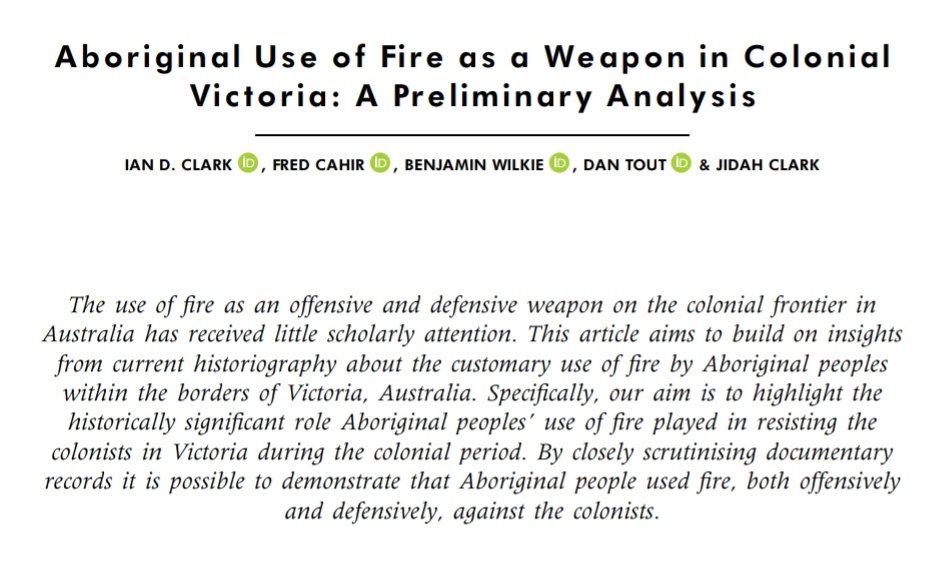 🔥Our article, ‘Aboriginal Use of Fire as a Weapon in Colonial Victoria: A Preliminary Analysis’, has just been published online with Australian Historical Studies (<a href="/AHSjournal/">Australian Historical Studies</a>) 🔥 

Available here: tandfonline.com/eprint/758TEIX…
