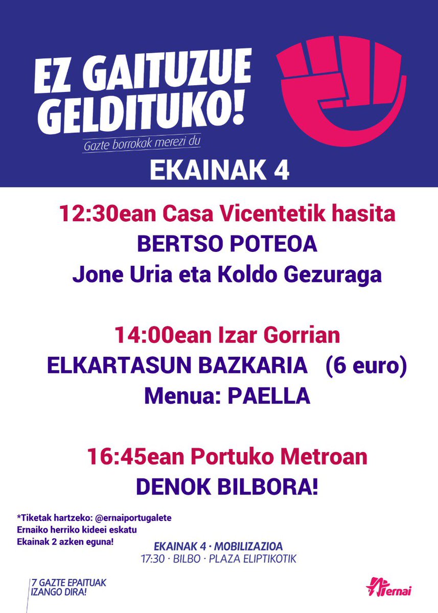 Datorren larunbatean, 🗓️ekainak 4, epaituak izango diren 7 gazteen alde aterako gara Bilbora. 

Portugaleteko gazte bat epaitua izango delako eta beste behin ere, borrokak merezi duela berresteko! 💪

Larunbatean egun osoko plana antolatu dugu. Zatoz gurekin bat egitera!