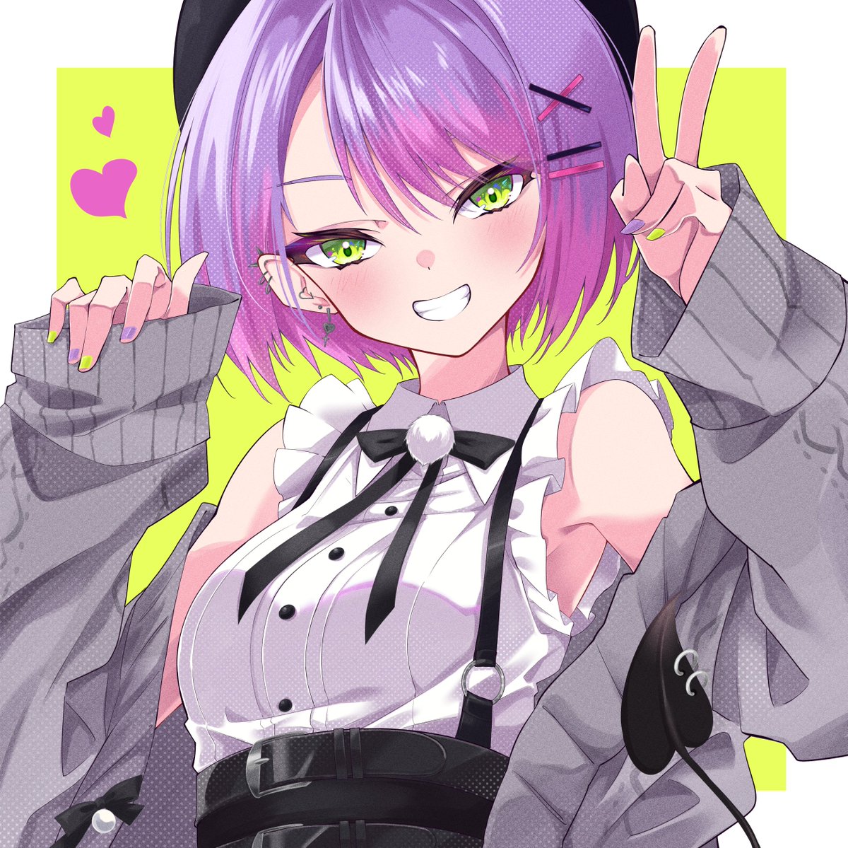 tokoyami towa 1girl solo green eyes purple hair smile jirai kei short hair  illustration images