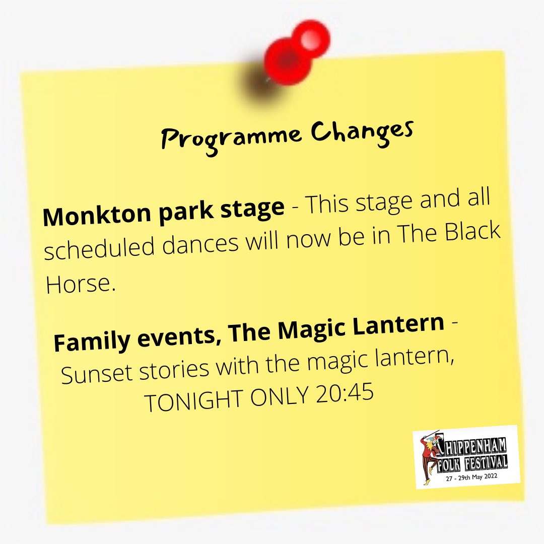 Please see programme changes for today. 

#chippenhamfolkfestival #chippenhamwiltshire #chippenham #folkmusic #Folk #folkfestival