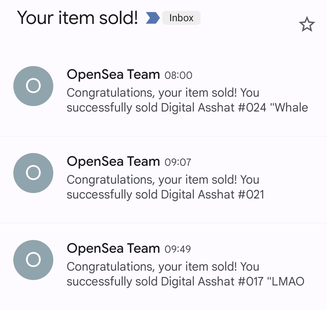 Digital Asshats (@digitalasshats) on Twitter photo Good morning NFT people! 🤠💙
Sold 3 NFTs to <a href="/Capitalistpigs3/">☪️apitalistPig</a>. Thanks for collecting bro! #NFTs Good morning NFT people! 🤠💙
Sold 3 NFTs to <a href="/Capitalistpigs3/">☪️apitalistPig</a>. Thanks for collecting bro! #NFTs