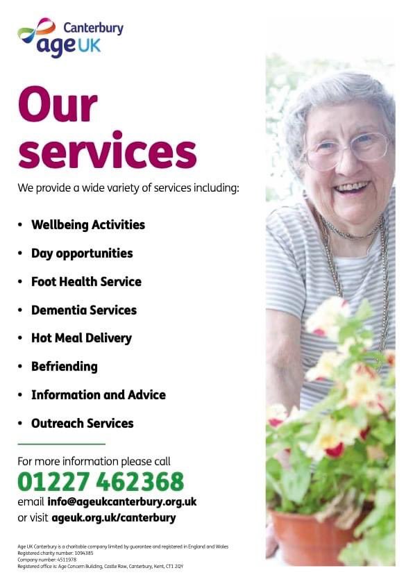 At Age UK Canterbury we provide a wide variety of services✨.  Please do get in touch with us if you would like any more information at all.  Our phone number is 01227 462368.