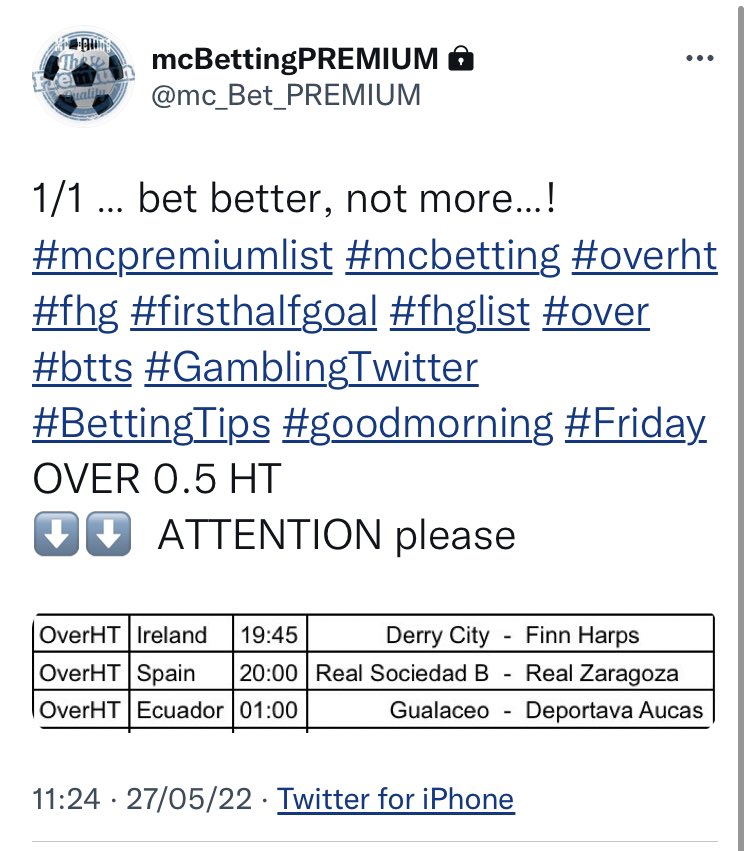 BettingMc's tweet photo. Yesterday 3 out of 3! #mcpremiumlist
β
β
β
ππ¨π¦π π’π§ @mc_Bet_PREMIUM, ππβ¬ π¨π§π ππ’π¦π (ππ¨π« π₯π’ππ). ππ« π βοΈ ππ¨π« ππ πππ²π¬. https://t.co/oo4Hr8JovG
#mcbetting #overHT #BetBetterNotMore #GamblingTwitter #bettingtips https://t.co/tUpHke6lUj