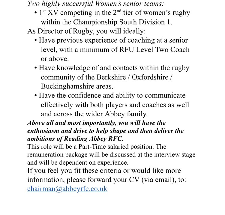 Reading Abbey RFC (ENG) are looking for a Director of Rugby. Part-time, remuneration package to be discussed. Further role and application details at the picture. #rugbyvacancies #rugby