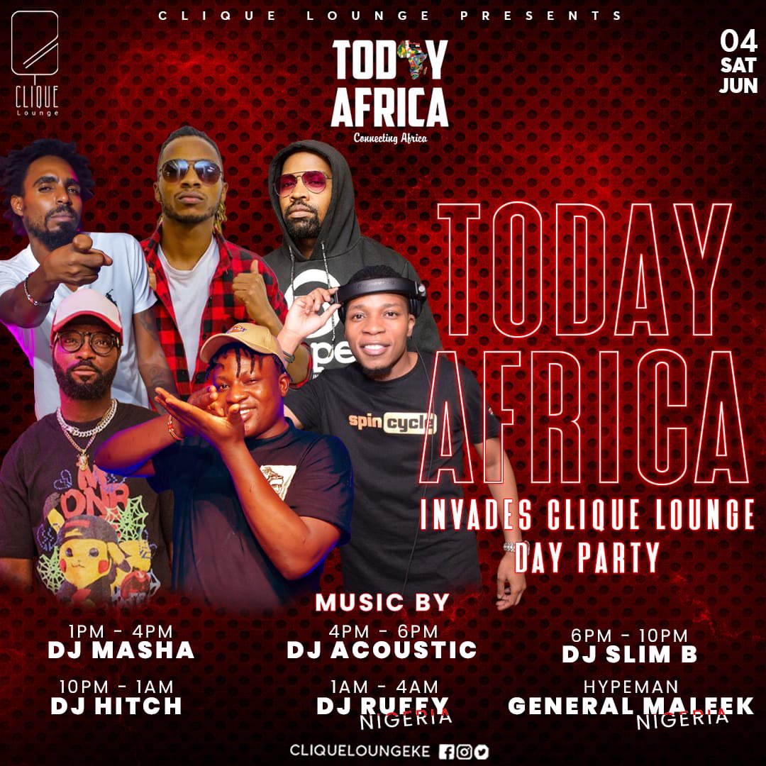 djmashakenya's tweet photo. Saturday invasion at Clique Lounge π₯π₯Nairobi, Powered by Today Africa. Join me on June 4th from 1pm to 4pm for an exclusive early bounce! β¨
#DjMashaLive #AfricaDayConcert2022 #LG100Club #MasculinitySaturday #TembeaKenya #MagicalKenya #Nairobi #Events254 #BelievingIsMagic https://t.co/FizImnODx5