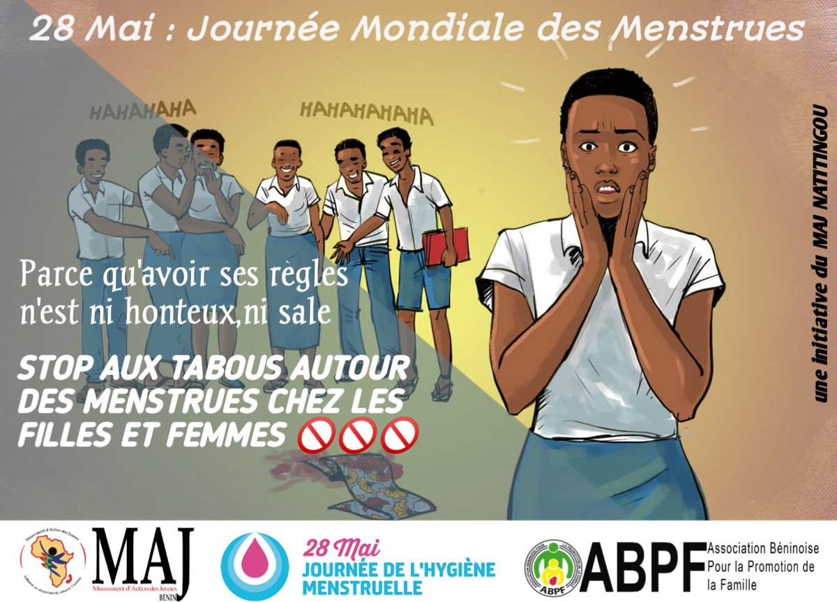 MAJ_NATITINGOU's tweet photo. 28 Mai : Journée Mondiale des Menstrues 
On
✨ Parce qu'avoir ses règles n'est ni honteux, ni sale ✨

Joignez-vous à nous à partir de 16h sur la Page Facebook @MAJ Natitingou pour dire STOP AUX TABOUS AUTOUR DES MENSTRUES CHEZ LES FILLES ET FEMMES 🚫🚫 https://t.co/qM2rKEhVZg