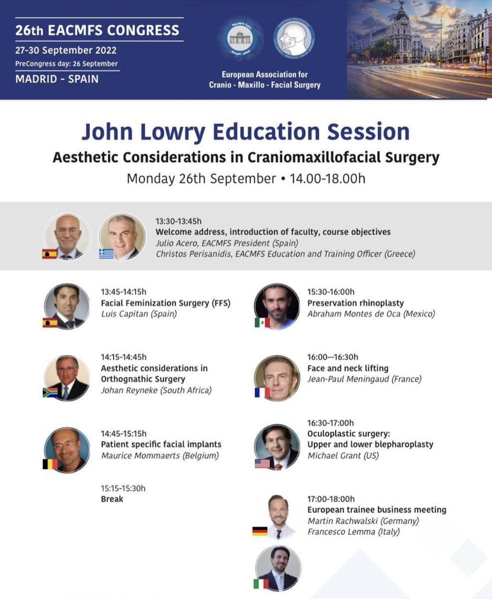 Dr. Martin Rachwalski (@drrachwalski) on Twitter photo Final schedule for the John Lowry Education session „Aesthetic Considerations in Craniomaxillofacial Surgery“ at the 26th EACMFS Congress in Madrid <a href="/eacmfs_org/">eacmfs_org</a> #craniomaxillofacial #maxillofacialsurgery #craniofacial #plasticsurgery #eacmfs2022 Final schedule for the John Lowry Education session „Aesthetic Considerations in Craniomaxillofacial Surgery“ at the 26th EACMFS Congress in Madrid <a href="/eacmfs_org/">eacmfs_org</a> #craniomaxillofacial #maxillofacialsurgery #craniofacial #plasticsurgery #eacmfs2022