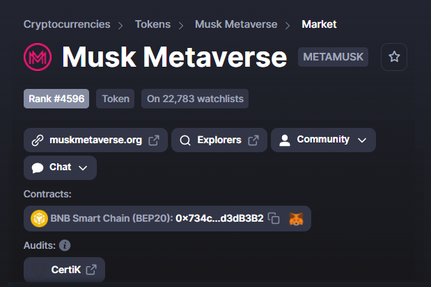 🔥 IMPORTANT NOTIFICATION🔥

Dear all members, 

Metamusk team has updated the official website and twitter channel on CMC and CoinGecko. Other information will continue to be updated and announced to the community.

Best regard,
Metamusk team