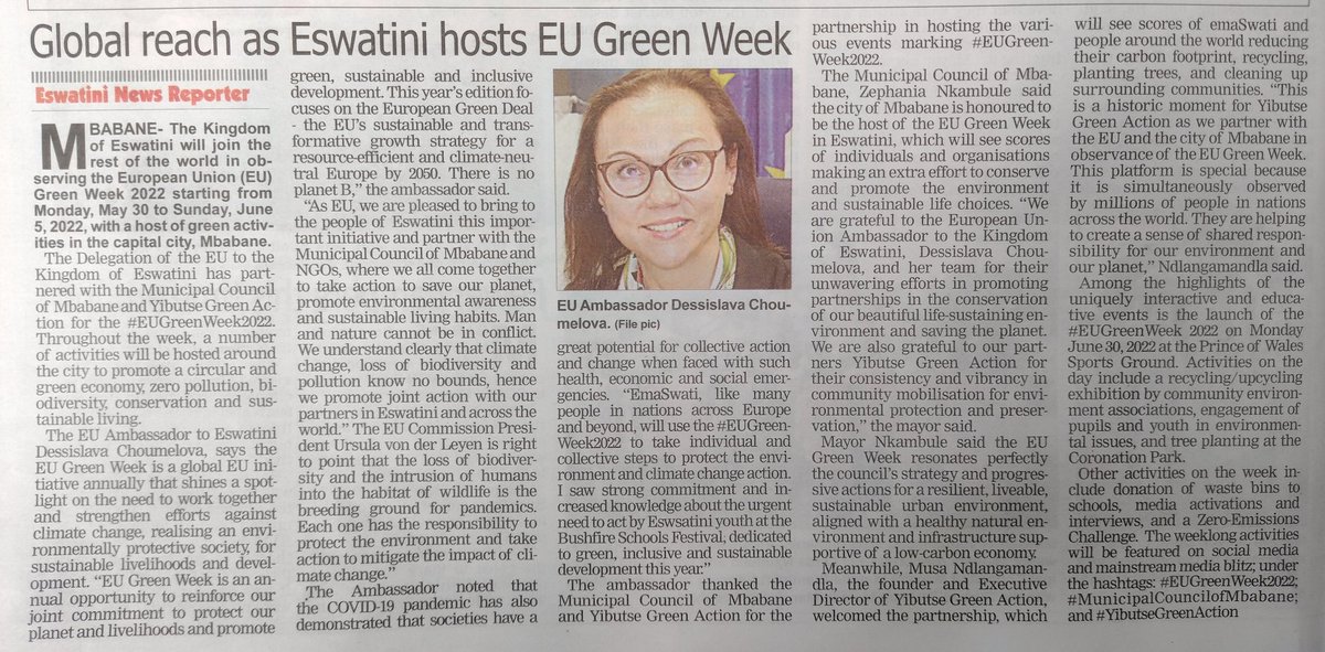 wrexbrown's tweet image. The Eswatini News reports that the @EUinEswatini will be observing #EUGreenWeek2022 from May 30 with a range of green activities in Mbabane including a recycling exhibition, tree planting and youth awareness raising