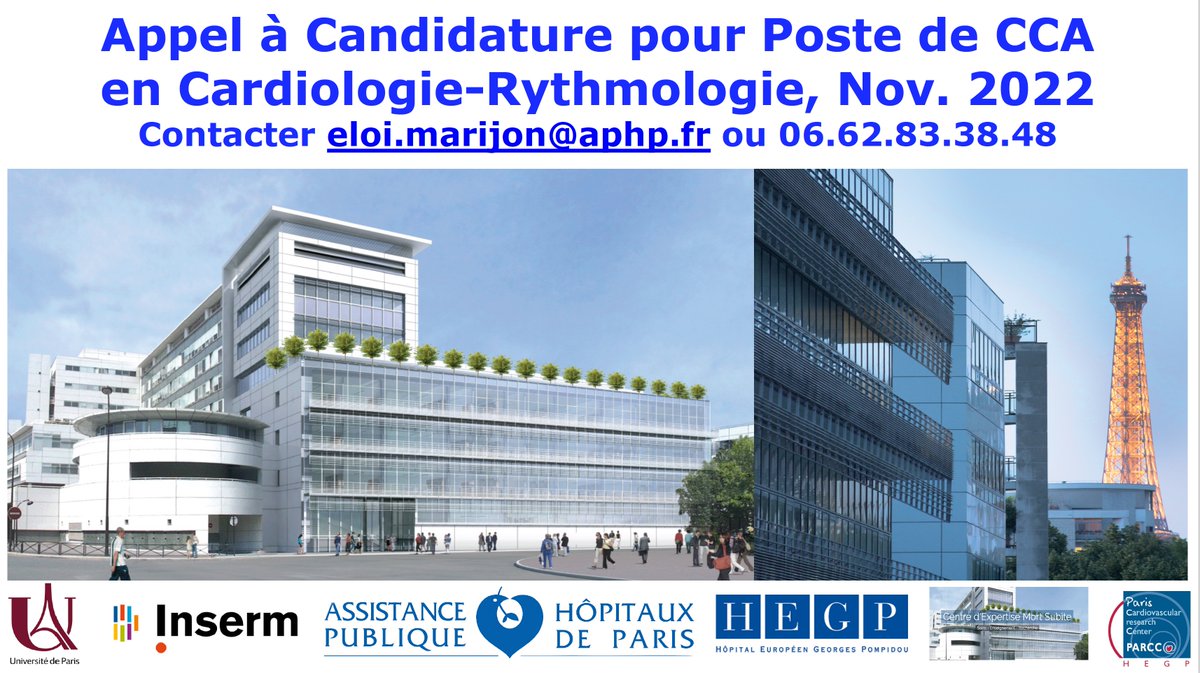 📣 Poste CCA en cardio-rythmo 🫀
🏨 <a href="/HopitalPompidou/">Hôpital européen Georges-Pompidou AP-HP</a>  à partir de Nov. 2022 
pré-requis 👉 DES médecine cardiovasculaire

<a href="/CCF_cardio/">CCF</a> <a href="/CardioOnline/">cardio-online 🫀</a> <a href="/SergeBoveda/">Serge Boveda</a> <a href="/MartinsRaphae15/">Raphael Martins</a> <a href="/RodrigueGarcia4/">Rodrigue Garcia</a> 
<a href="/PezelT/">Théo Pezel</a> <a href="/guilbon/">Guillaume Bonnet</a> <a href="/CharlesFauvel/">Charles Fauvel</a>