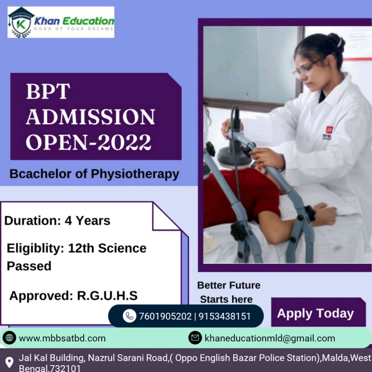 Bachelor of Physiotherapy 2022 (Admission Open)
For Inquiry No:-
(+91) 7601905202
Helpline No :-
(+91) 9153438151
khaneducation.in
khaneducational@gmail.com
#bachelorphysiotherapy
#bsccriticalcare
#bscdatascience
#AdmissionConsultan