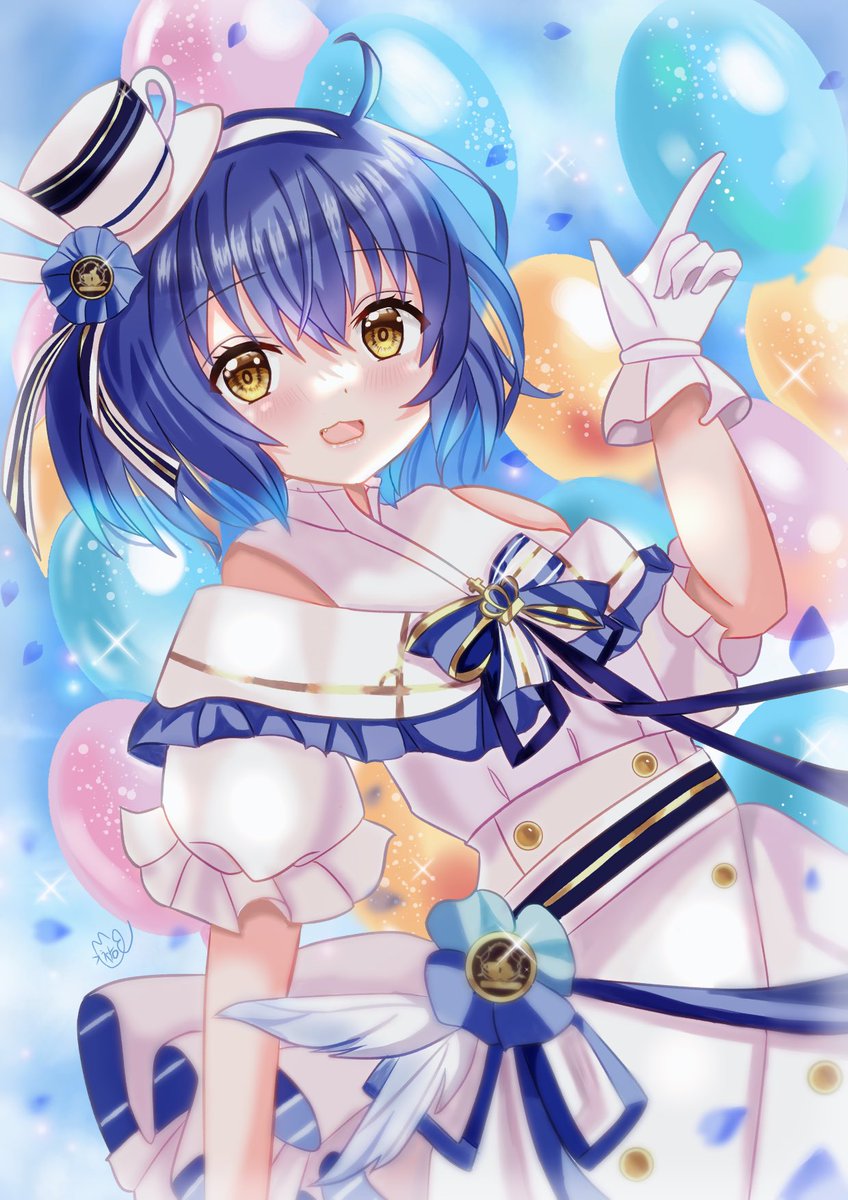 1girl blue hair solo dress gloves white gloves balloon  illustration images