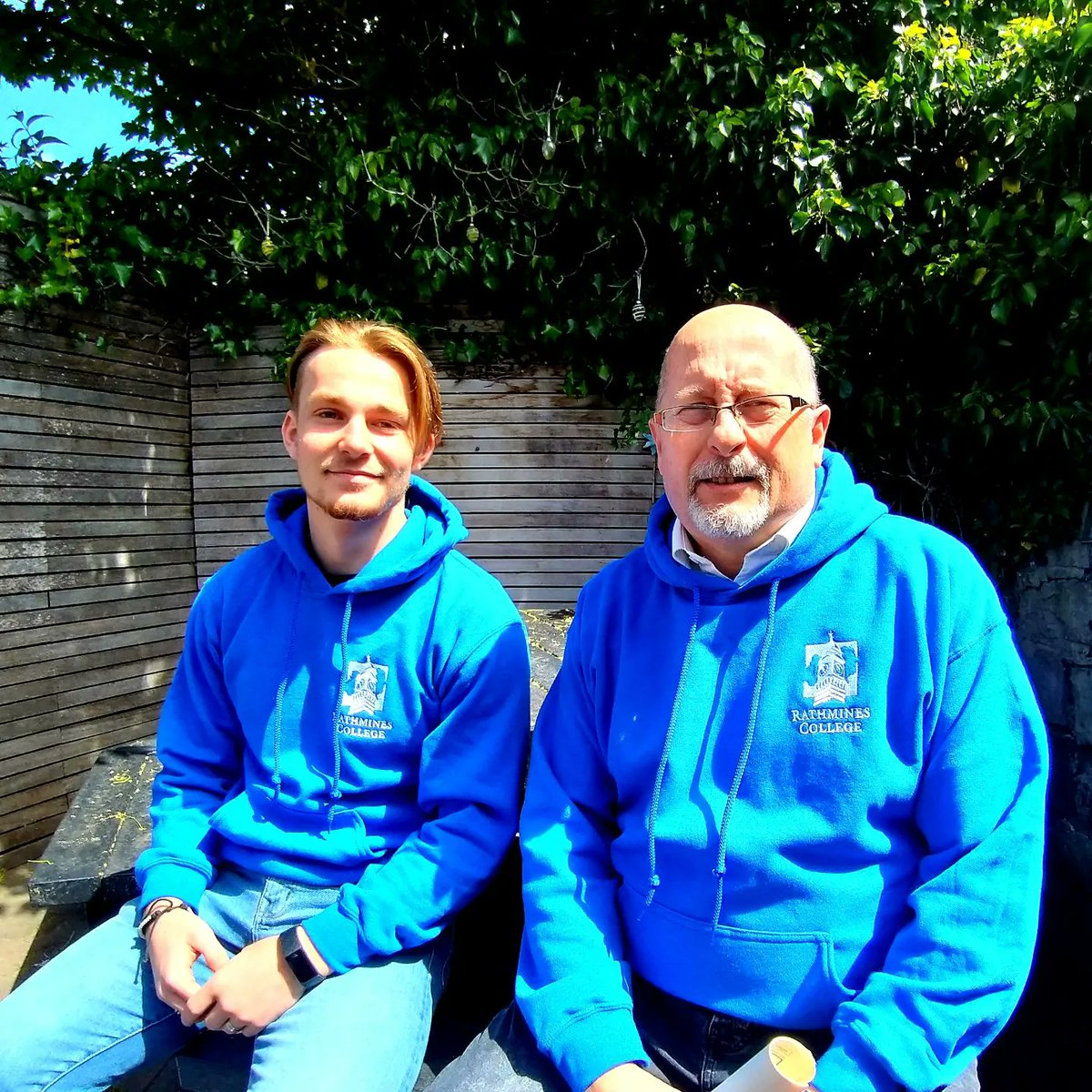 RathminesCFE's tweet photo. We have our French partners Lycée Charles Péguy from Nantes over to visit @RathminesCFE

Victor &amp; Janig enjoying the Irish sun with Patrick. Loving the @RathminesCFE hoodies guys! ✌️👌🧥

In the lead up to Graduation 31/05 @RathminesCFE is full of excitement. 🎓🥁 #rollontuesday https://t.co/HlBVJ9uxPN