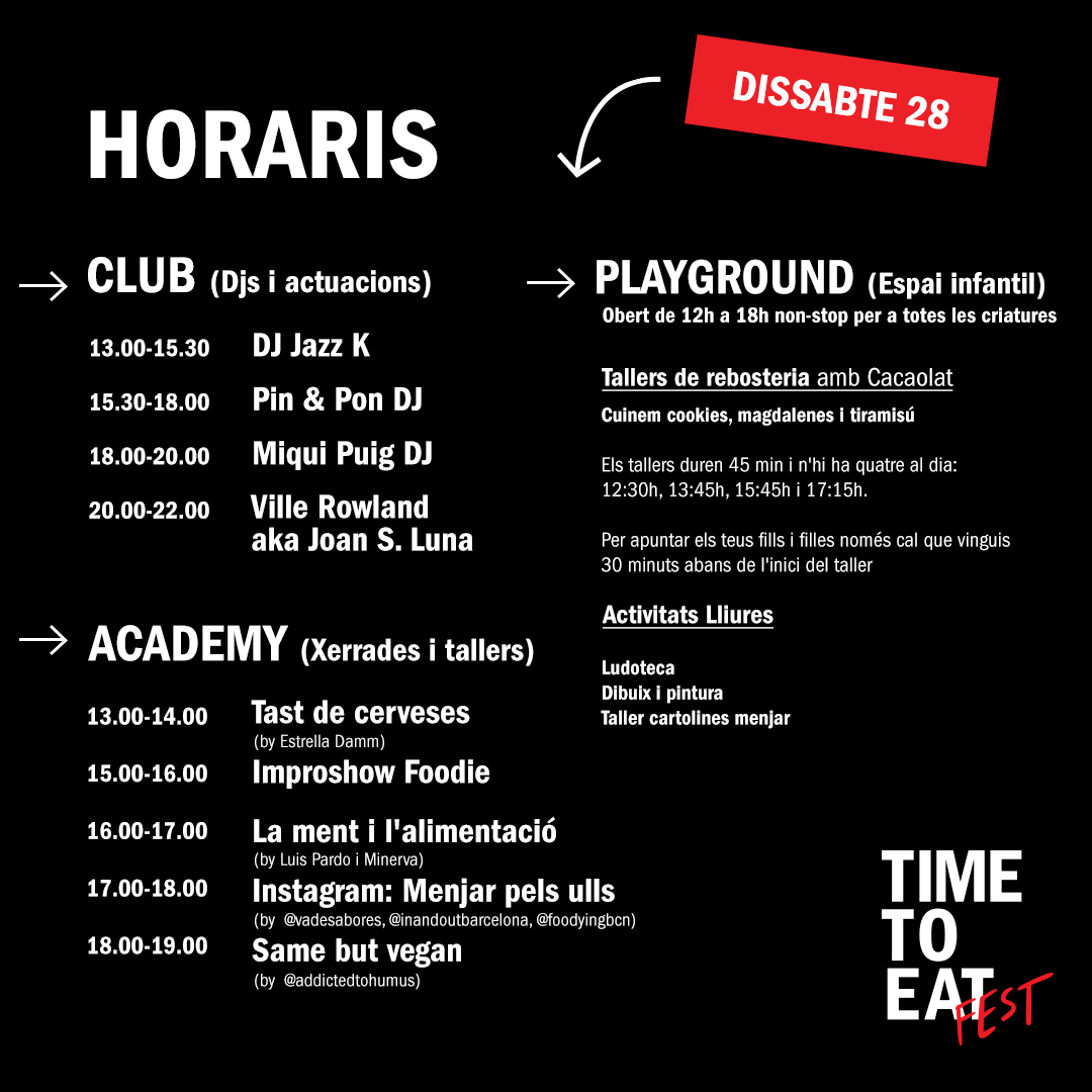 TimeOutBCN's tweet photo. Veniu! Ja hem obert portes! 🔥 Aquí trobareu els horaris amb les activitats d'avui. #TimeToEatFest https://t.co/mvqWXUGWmn