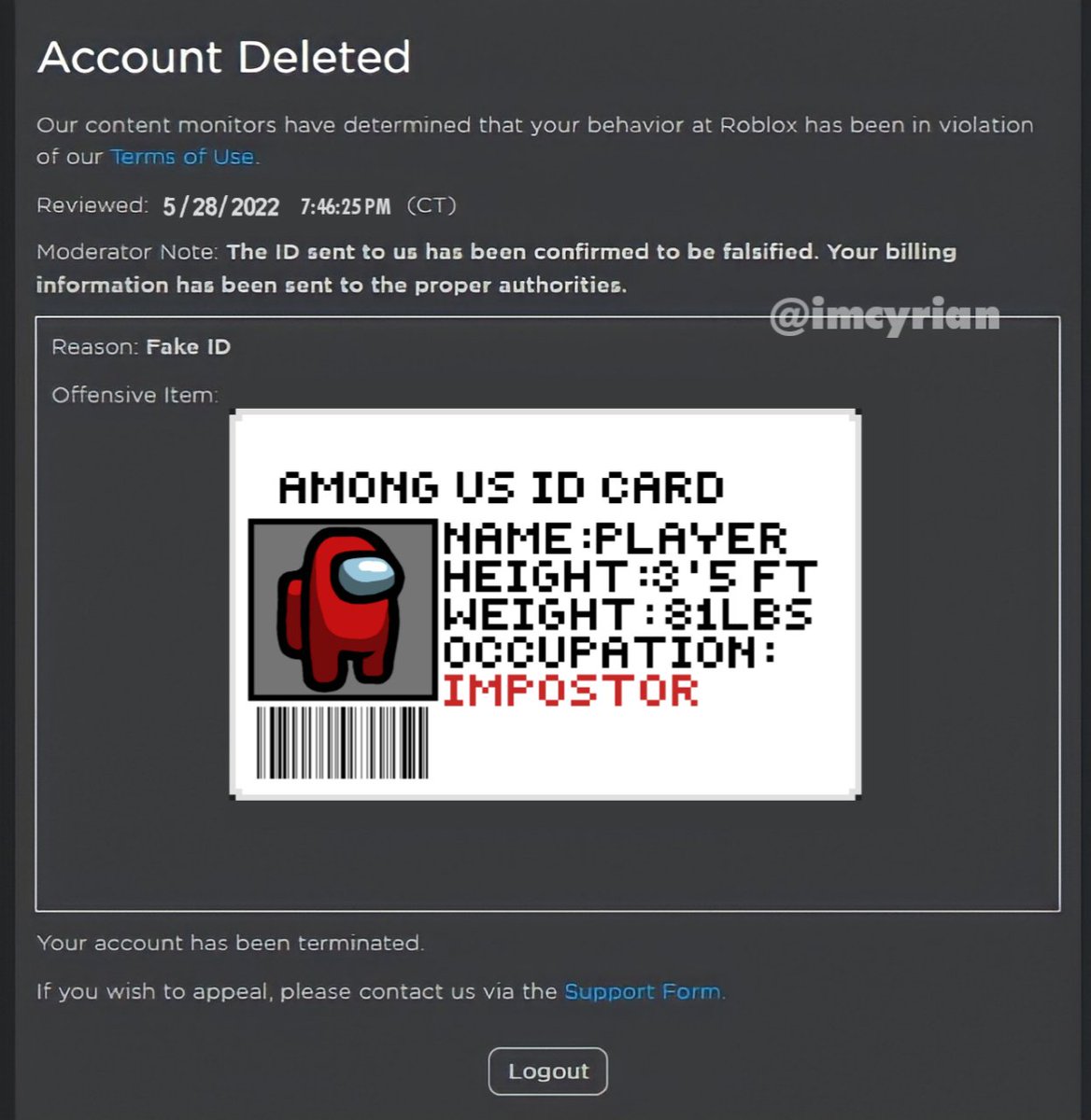 My account got delete for making a game promoting free robux if a user  enters their login information. : r/DeservedBansOnRoblox