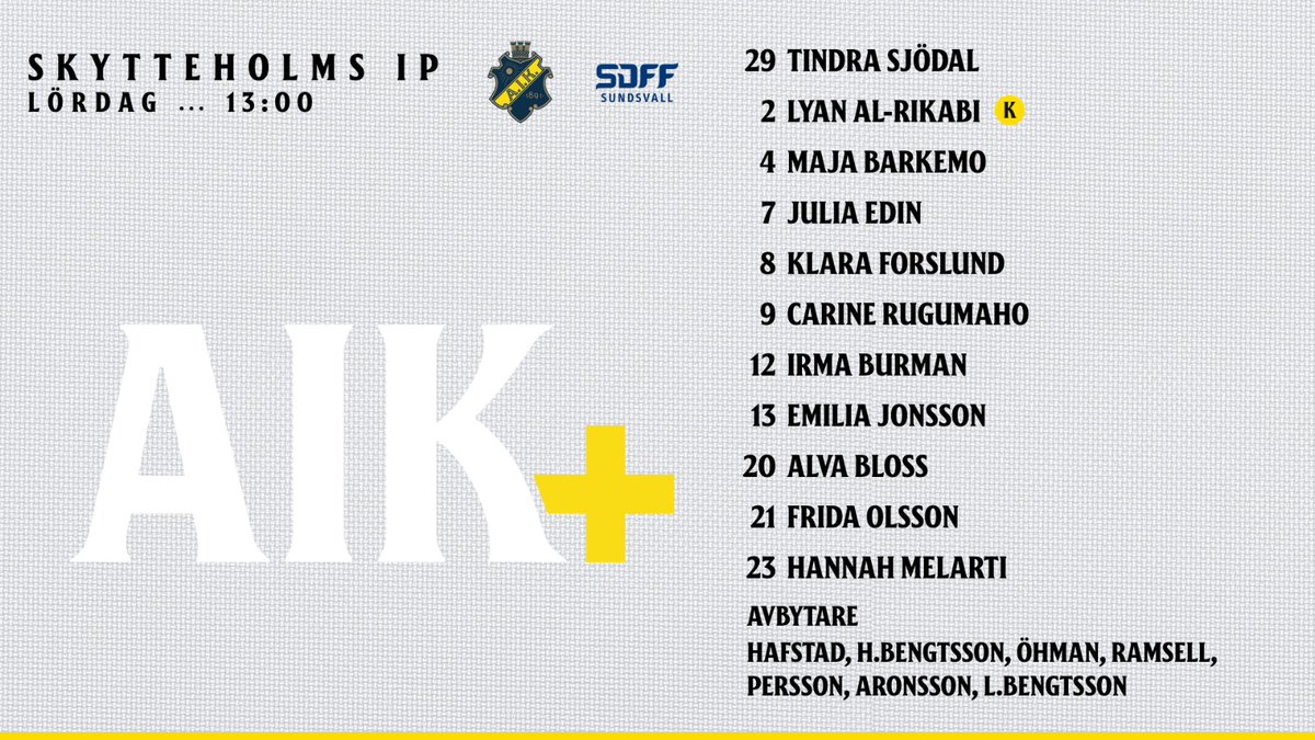 Om en kvart kommenterar jag AIK-Sundsvall i F19 Allsvenskan. Håll ett extra öga på Katzay och Johansson i hemmalaget, som båda fått testa på A-lagsspel, samt Frida Olsson i bortalaget som leder skytteligan. Ses på AIK+