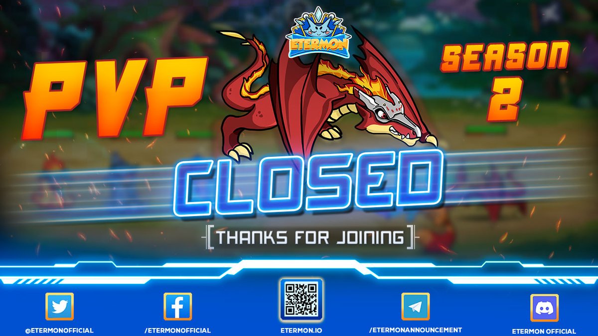 ⚔️ 𝐏𝐕𝐏 𝐒𝐄𝐀𝐒𝐎𝐍 𝟐 𝐇𝐀𝐒 𝐎𝐅𝐅𝐈𝐂𝐈𝐀𝐋𝐋𝐘 𝐅𝐈𝐍𝐈𝐒𝐇𝐄𝐃 ⚔️

🎊 Superheroes in the Top 500 PvP can receive extremely attractive gifts from Etermon.

🎉 You can get the Top PvP season 2 rewards from 00:00 (UTC) on June 1st.