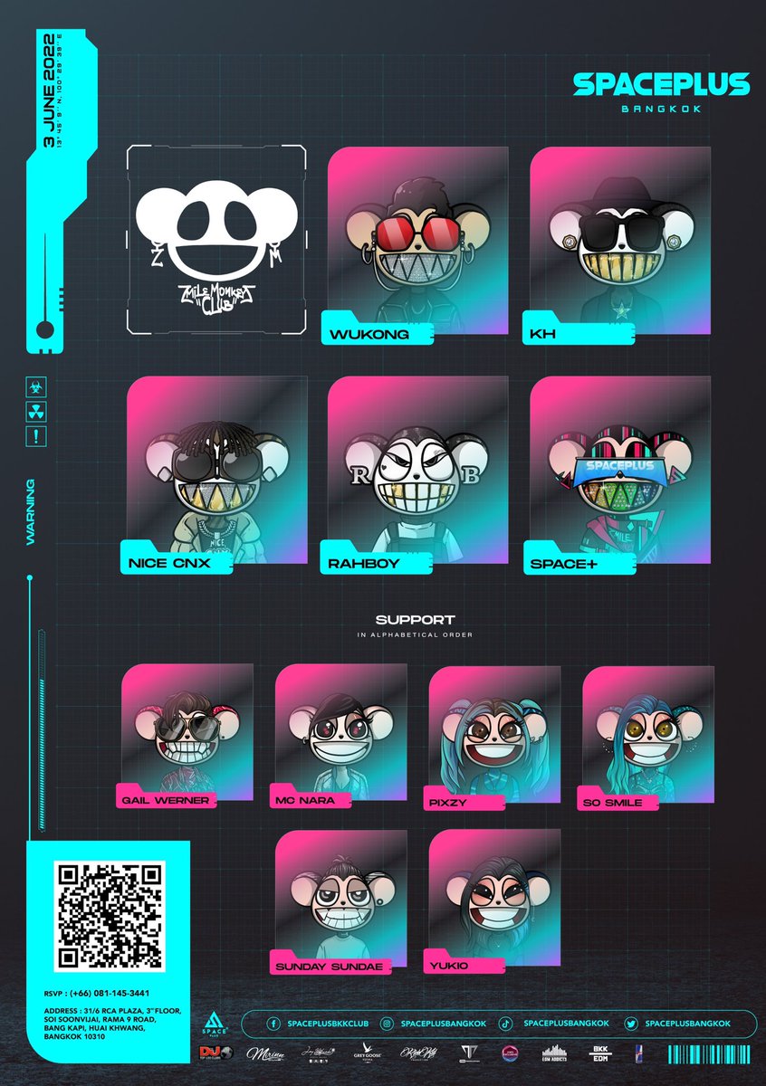 First NFT Festival at Spaceplus Bangkok
Zmile Monkey NFT Festival 3 June 2022 

SEE YOU SOON !!!

🎟 Tickets GA on sale 1,000฿ including 1 Drink
Tickets are limited !!

Information and tickets here !👇
🔻🔻🔻🔻🔻🔻🔻🔻🔻
LINE : lin.ee/kFYT4GV

#Spaceplusbangkok