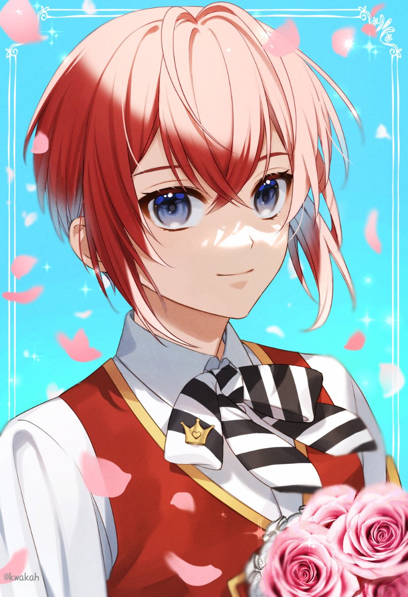1boy male focus flower red hair solo blue eyes looking at viewer  illustration images