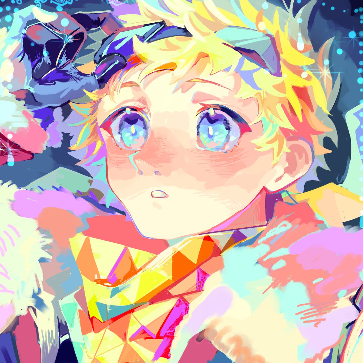male focus blonde hair 1boy yellow scarf scarf solo blue eyes  illustration images