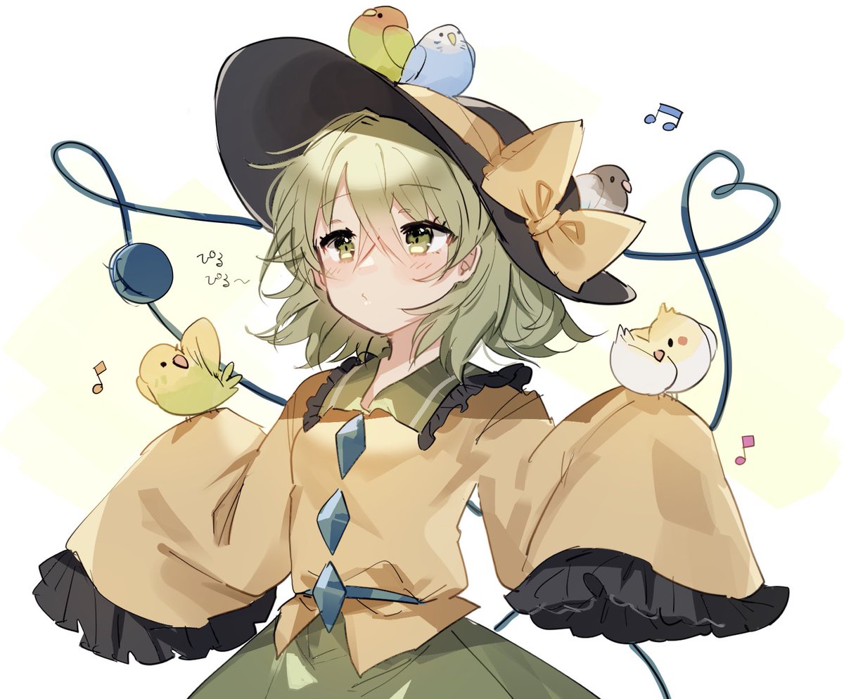 komeiji koishi 1girl hat yellow shirt animal on head shirt green skirt bird on head  illustration images