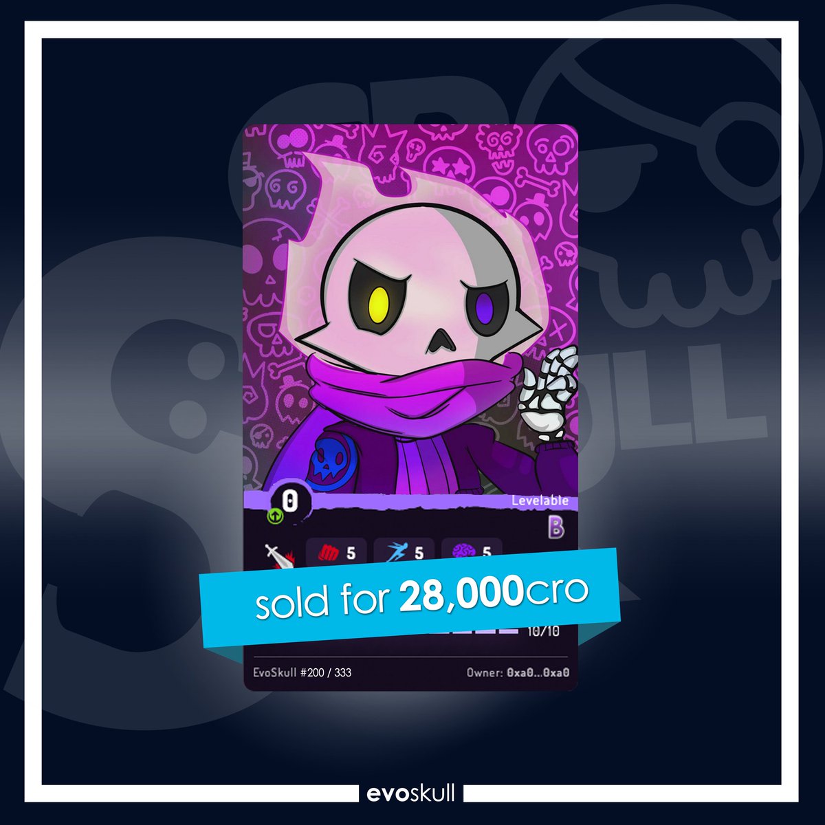 CroskullNFT's tweet photo. EVO SALE OF THE DAY! π₯
Evo #200 sold for 28000 #cro! π
#EvoSkull #cronosNFT #crofam #cronos #skullvolution https://t.co/jACFWXPTcr