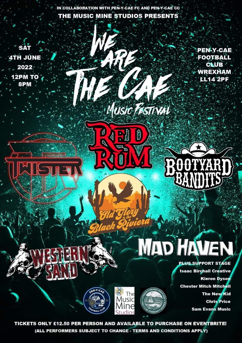 We are one week away!
#wearethecae #musicfestival is fast approaching, have you got your ticket yet?
It’s going to be a great day of #livemusic at @penycaefc1 in #Wrexham 
Tickets: eventbrite.co.uk/e/we-are-the-c…
#music #rockmusic #rockandroll #guitar #bass #drums #vocals #originalmusic