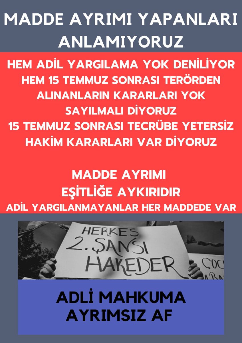 15 kişilik koğuşta 40 kişi kalınıyor mahkumlar yatacak yer bulamıyor tuvalet önlerinde yatıyorlar doluluktan yemek yetersiz sağlık hizmeti aksıyor bulaşıcı hastalıklar yayılmaya devam ediyor <a href="/bybekirbozdag/">Bekir  Bozdağ</a> <a href="/RTErdogan/">Recep Tayyip Erdoğan</a> AFFET TÜRKİYEM 
Madde ayrımı olmadan EŞİT AF