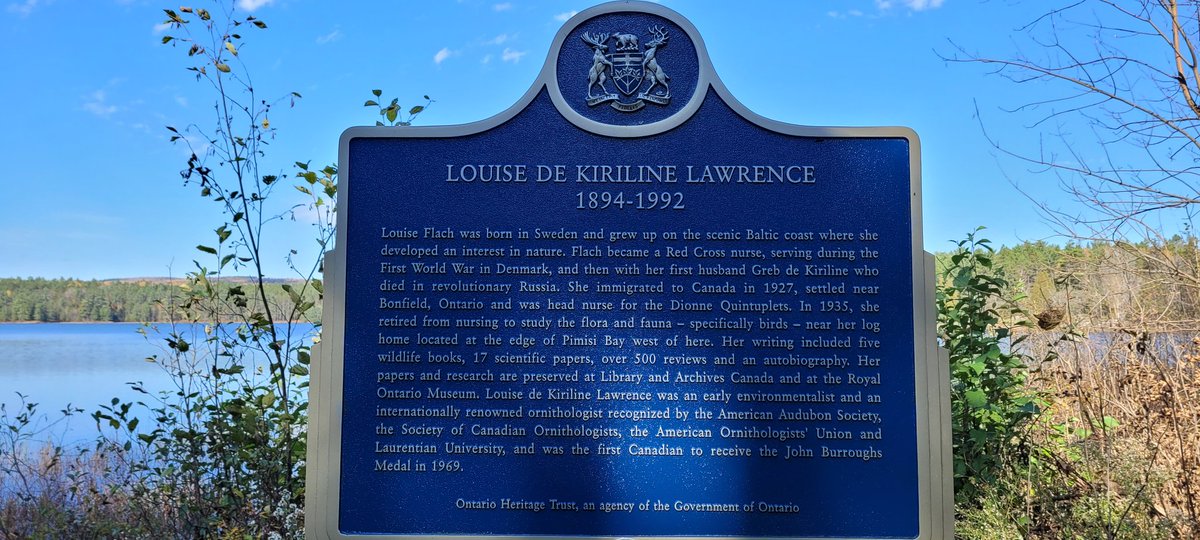 larsonlepage's tweet photo. @InTownAndOut I first learned about Louise De Kiriline Lawrence from this sign at Lake Pimisi on our way north to Haileybury. 
I look forward to reading Merilyn's book. https://t.co/yDlPYBrQ4B