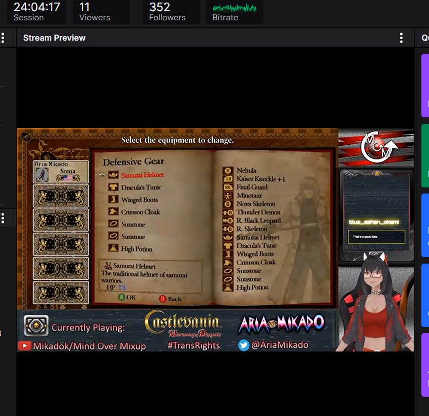 AriaMikado's tweet photo. 24-hour stream.

Made a couple new friends (People still play this!), had some company, got some stuff off my chest, and just in general had a good time in the midst of just focusing up, and grinding.

#ENVTuber, #VTubers, #CastlevaniaHD

Despite my tiredness, I'm damn proud.🐯 https://t.co/nizDpvbj63