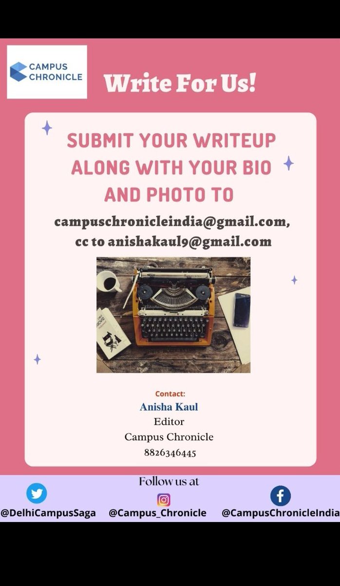 DelhiCampusSaga's tweet photo. Looking for an opportunity to get published? 👀
               ✨Here you go!✨

✍️Submit your articles and get a chance to be published with us. 

For more info and updates reach out to our Editor @anishakaul9 https://t.co/rwhutGkCw3