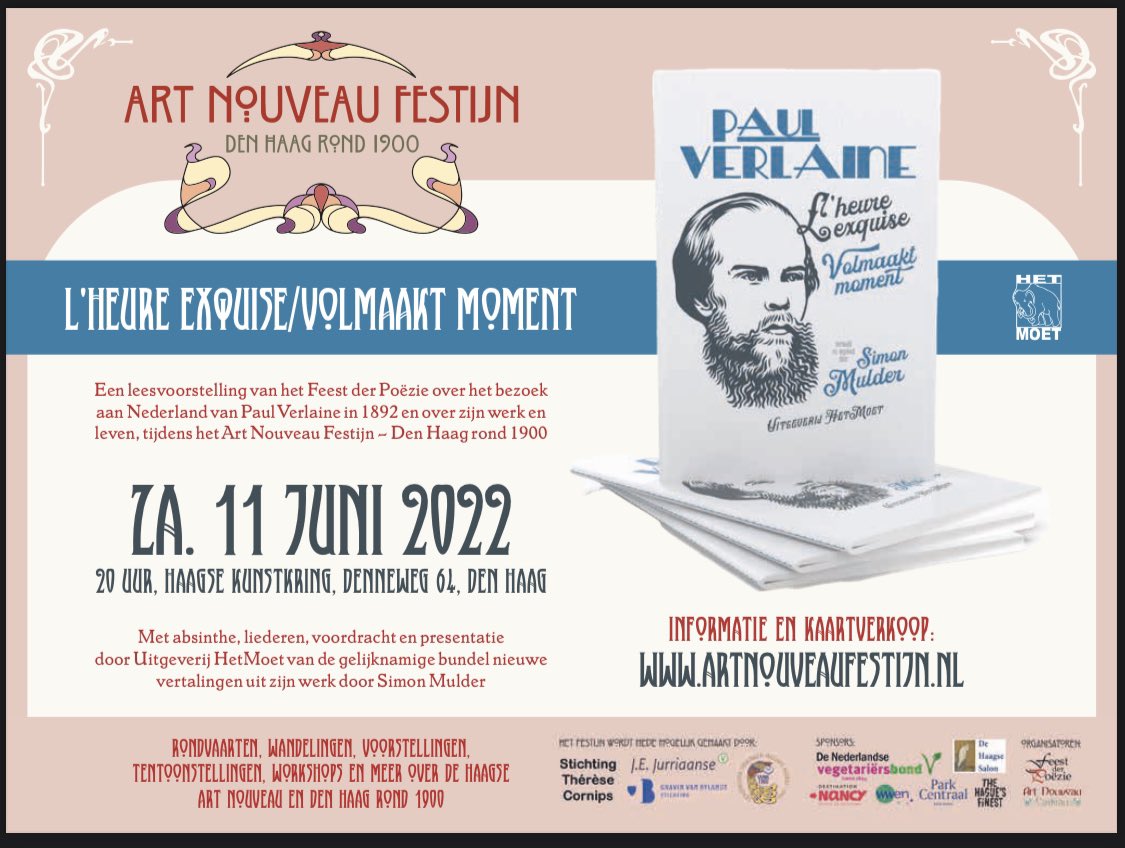 HetMoet_nl's tweet photo. Lancering van onze nieuwste uitgave in de Singersteek serie: het tweetalige bundeltje met poëzie van Paul Verlaine vertaald door Simon Mulder - tijdens het @ANFestijn samen met @FeestderPoezie we kijken naar dit l’heure exquise uit!

#PaulVerlaine #singersteek #artNouveau https://t.co/SAHSh2suQI