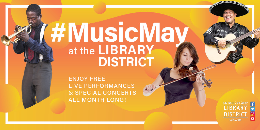 LVCCLD's tweet photo. Music lovers, the #LibraryDistrict has FREE concerts happening all month long! Enjoy unforgettable live performances from dynamic jazz to accomplished acoustic acts. We’ve got something for everyone during #MusicMay! Details: https://t.co/hlMvYjKOFG #LibrariesDoThat https://t.co/Cn5EyugAde