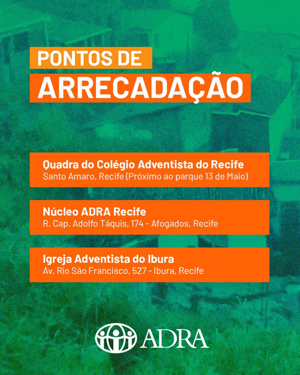 Toda ajuda é bem vinda:

- Recursos 
- Roupas 
- Material de higiene 

Vamos ajudar aqueles que estão sofrendo com as fortes chuvas em Recife e região da zona da mata